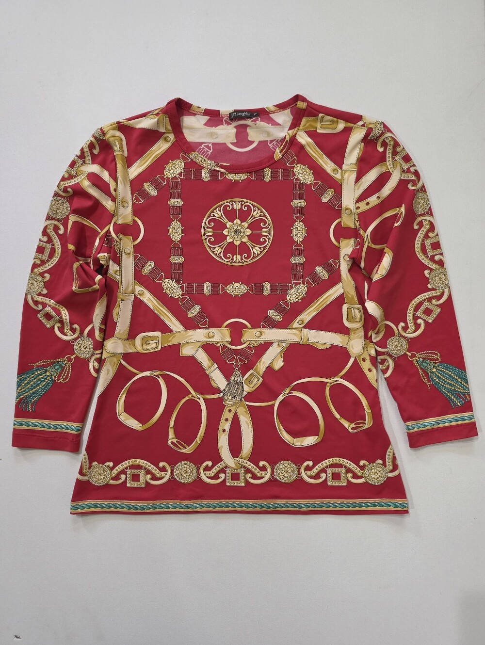 J. McLaughlin Catalina Cloth Top Women Small Red Gold Equestrian Medallion Print